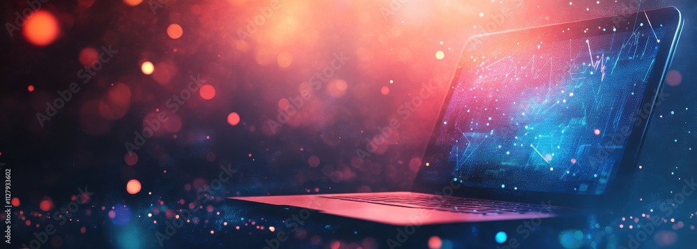 Poster futuristic laptop with holographic display and colorful bokeh light effects creating a technology th
