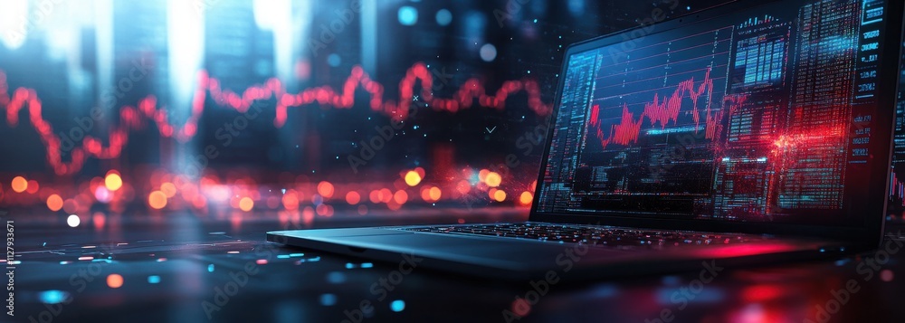 Poster futuristic laptop with stock market data visualization in a dynamic urban environment, showcasing te