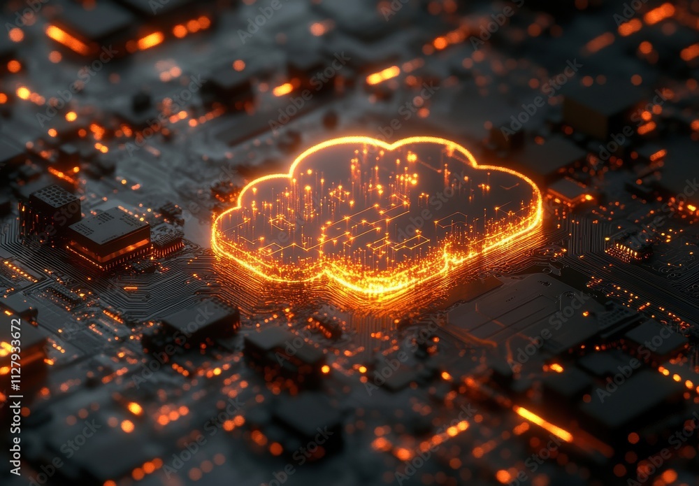 Aufkleber futuristic microchip background with illuminated cloud symbol representing data storage and connecti