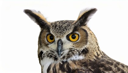 Fototapeta premium Close-up of a majestic owl with piercing yellow eyes against a white background.