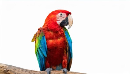 Fototapeta premium Vibrant Scarlet Macaw perched on a branch, showcasing its striking red, blue, and green plumage against a white background.
