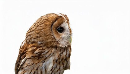 Obraz premium Close-up profile of a tawny owl against a white background. Its feathers are a mix of brown and white, creating a beautiful pattern.