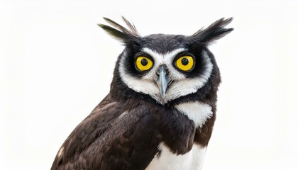 Naklejka premium Spectacular Spectacled Owl with bright yellow eyes stares intensely at the camera.