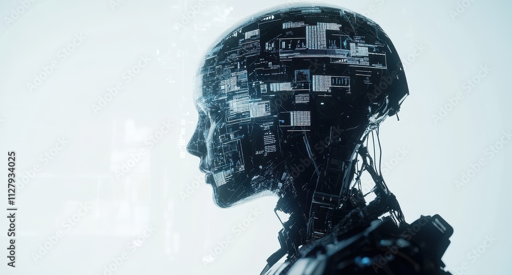 Poster futuristic side profile of a cyborg with intricate circuitry design set against a minimalist light b