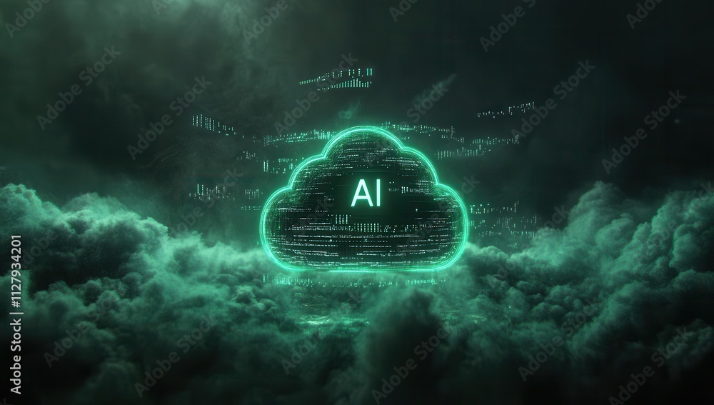 Poster futuristic visualization of cloud computing with ai symbol surrounded by digital elements in a dark 
