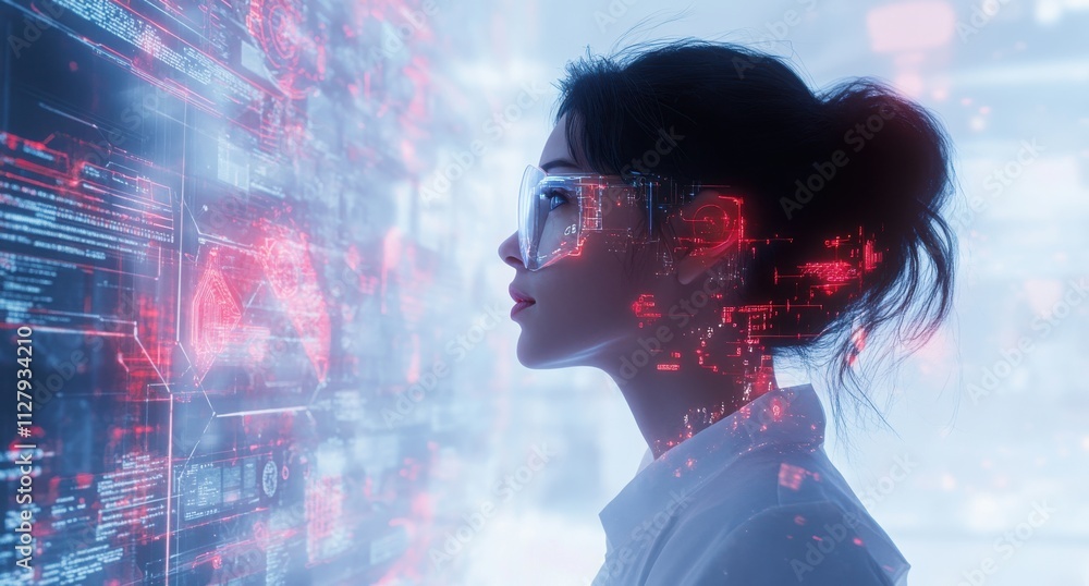 Aufkleber futuristic woman analyzing data in high-tech environment with augmented reality graphics and neon el