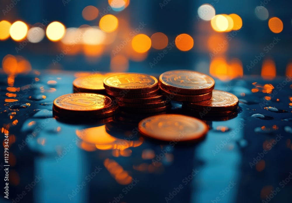 Poster glimmering coins on a wet surface surrounded by abstract bokeh lights in a night cityscape, capturin