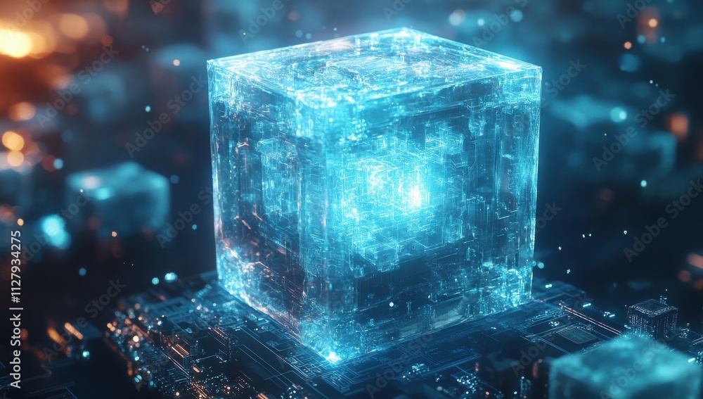Poster glowing blue cube in a digital environment representing data processing and advanced technology conc