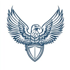 Obraz premium Majestic eagle with wings spread wide, perched atop a shield.