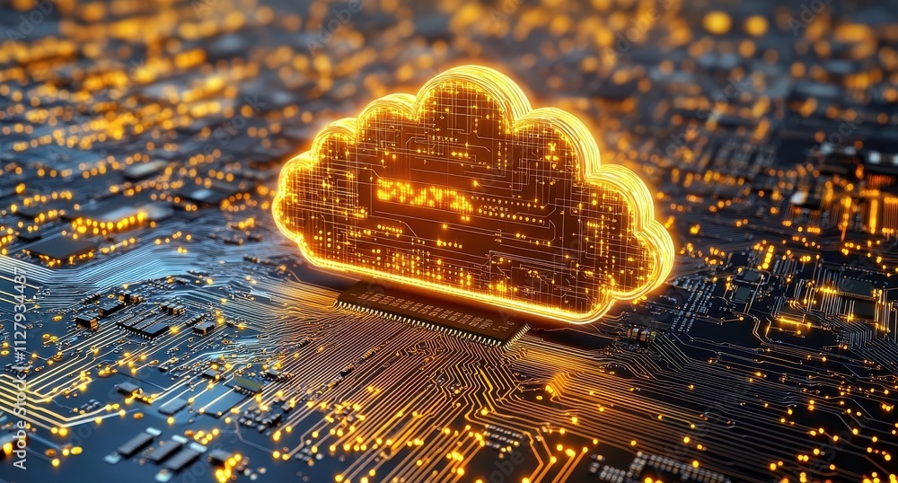 Poster glowing cloud computing symbol on abstract digital circuit board with bright lights illustrating dat