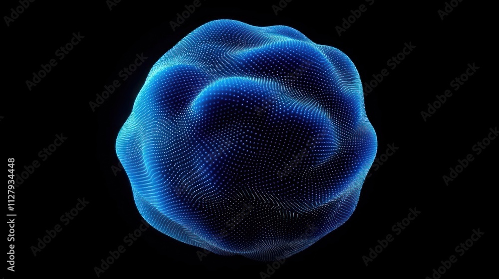Poster abstract blue sphere, 3d rendering of a deformed geometric structure with a dotted surface on a blac
