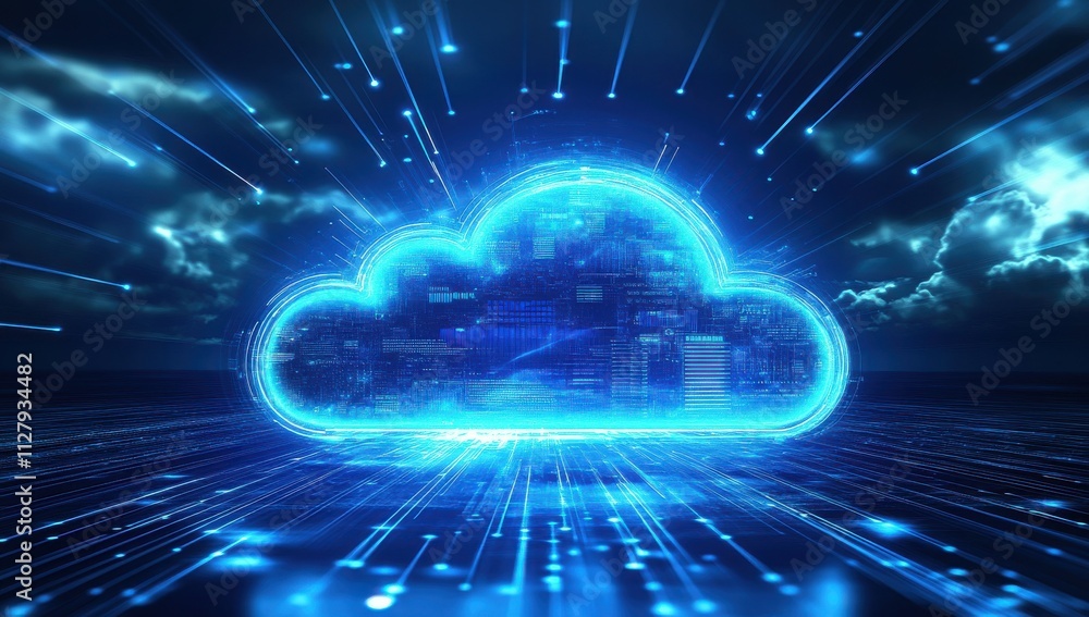 Poster Glowing Cloud Data Storage Concept with Futuristic Design and Light Trails Representing Speed, Technology, and Digital Connectivity in a Modern Visual Format