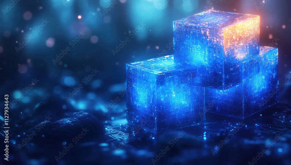 Poster glowing digital blocks on futuristic background with soft light effects, representing cyber technolo