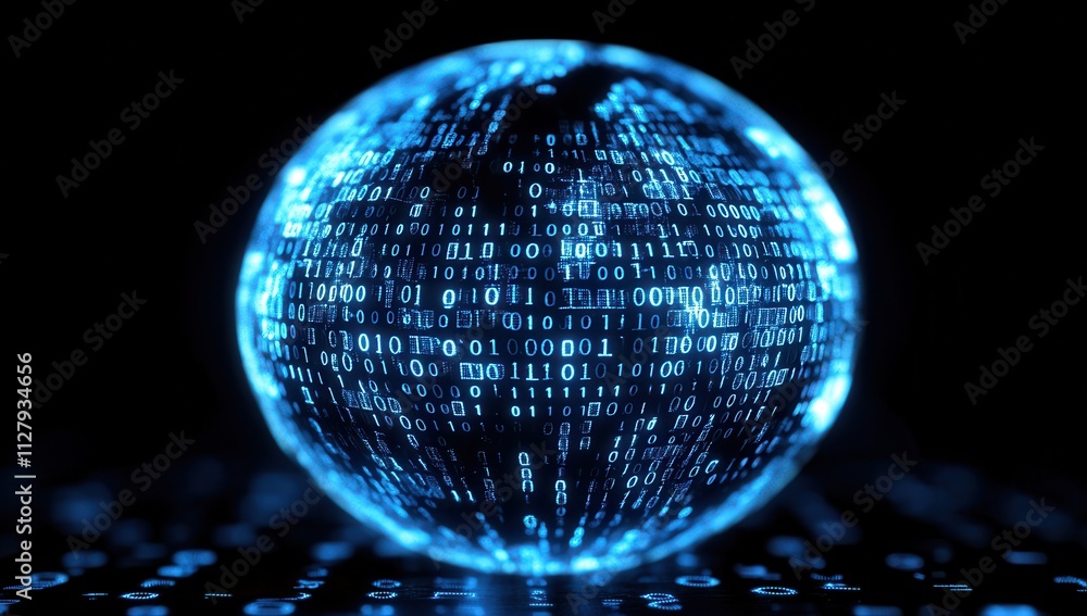 Poster glowing digital sphere with binary code representing global connectivity in cyber space for technolo