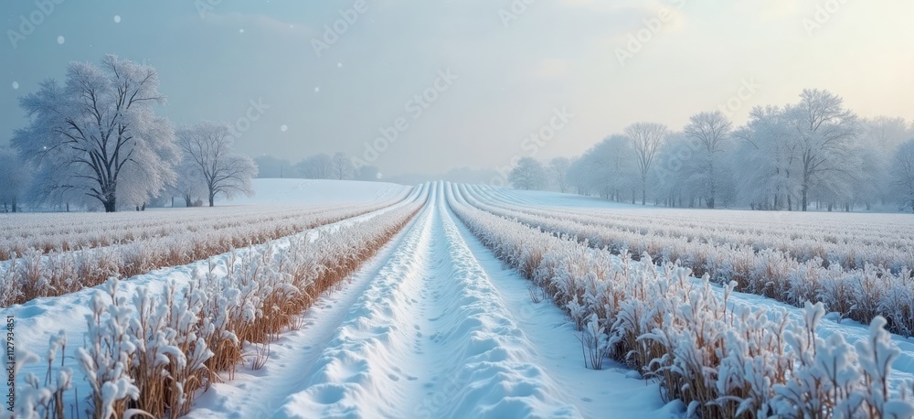 Poster snowy field with rows of frosted plants. trees stand in line in distance. winter scene. peaceful lan