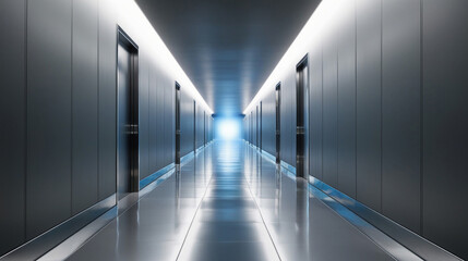 A futuristic gray hallway with a glowing light at the end,gray hallway with a bright light at the end,Empty gray futuristic corridor with a glowing light in the distance