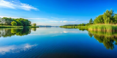 Obraz premium Serene lake reflecting a vibrant summer landscape with lush greenery and a tranquil blue sky