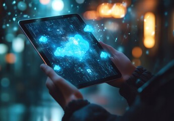 Hands Holding Tablet Displaying Cloud Technology Concept in a Modern Urban Setting with a Nighttime Background and Dynamic Light Effects