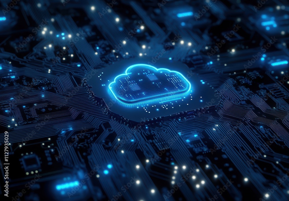 Poster high-tech digital illustration of cloud computing icon overlaid on circuit board design with illumin