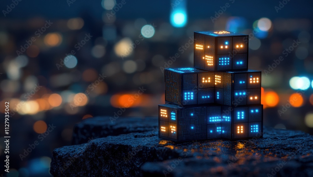 Poster illuminated blocks stacked on a dark surface overlooking a blurred cityscape at night with glowing p