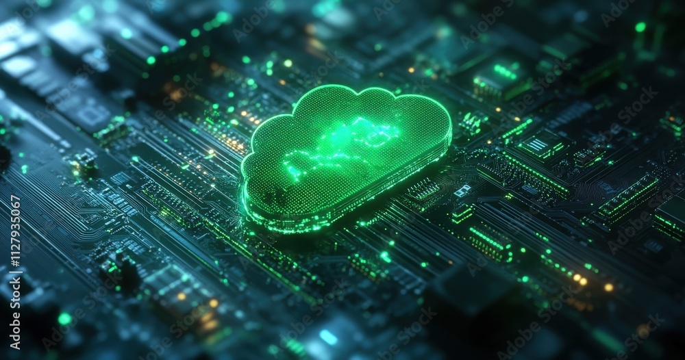 Poster illuminated green cloud symbol on circuit board with glowing connections representing digital techno