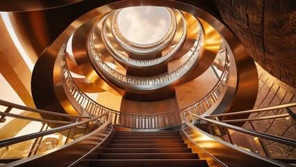 Looking up, a spiral staircase bounded from the bottom. Dubai, United Arab Emirates: Museum of the Future.