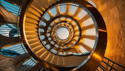 Looking up, a spiral staircase bounded from the bottom. Dubai, United Arab Emirates: Museum of the Future.