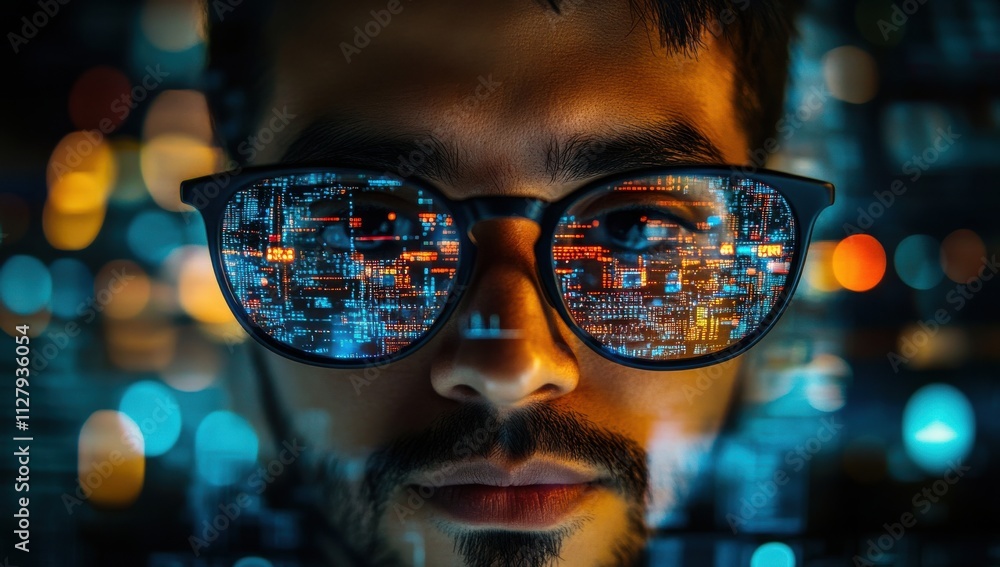 Poster man with high-tech glasses reflecting digital data streams, surrounded by bokeh lights, representing
