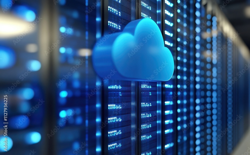 Aufkleber modern data center with high-tech server racks and cloud computing icon in blue light, representing 