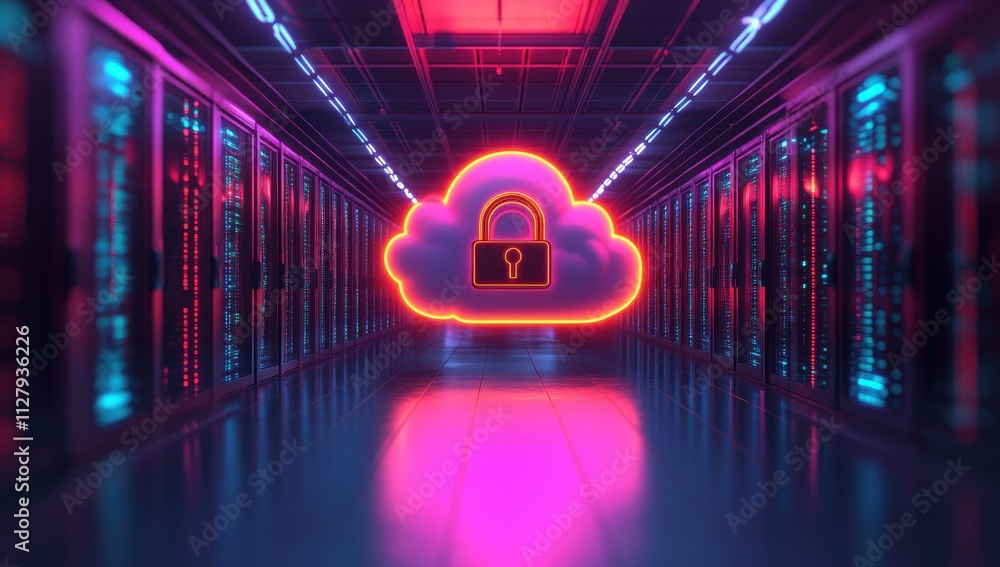 Aufkleber modern data center environment featuring cloud security concept with neon lock symbol emphasizing cy