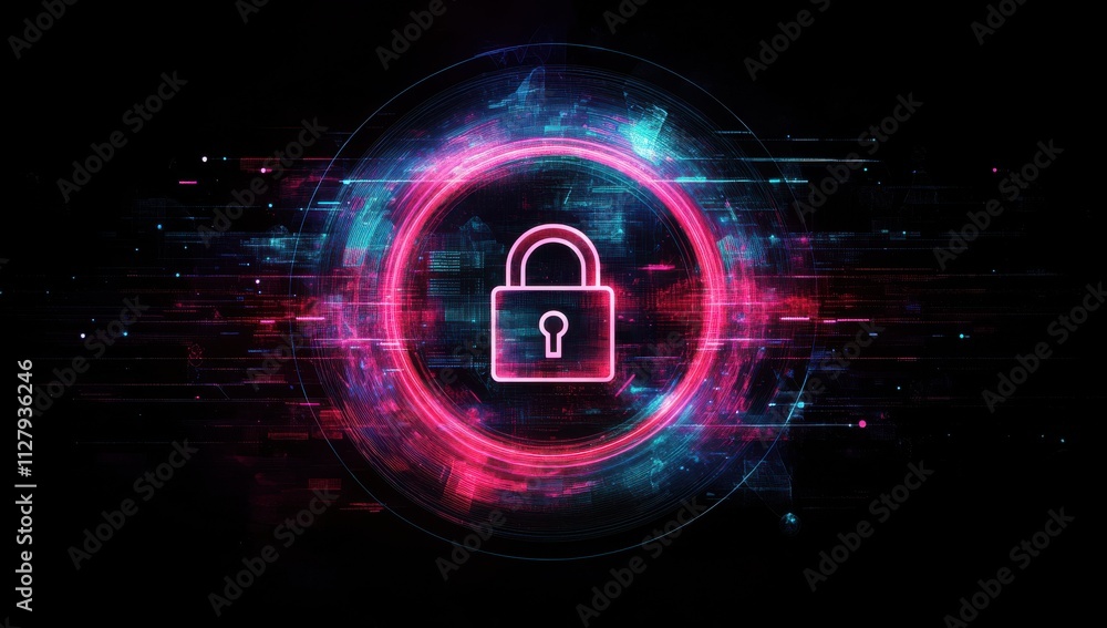 Poster modern digital lock icon in a futuristic design with colorful bright neon circular background repres