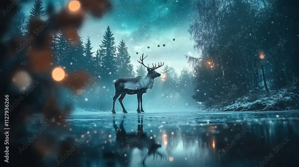 Poster reindeer standing on a frozen lake reflected in the mesmerizing aurora borealis sky creating a magic