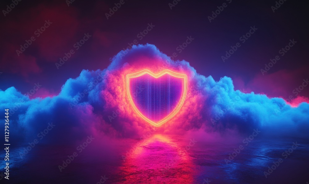 Poster neon shield symbol surrounded by colorful clouds, emanating light in a dark atmosphere ideal for cyb