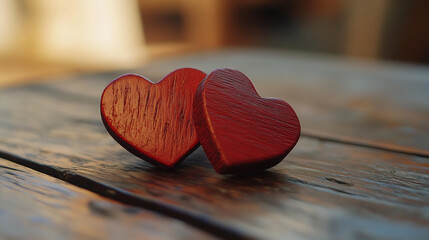 Two wooden red heart shapes leaning against each other on a rustic wooden surface. Warm and romantic composition. Valentine Day and love concept