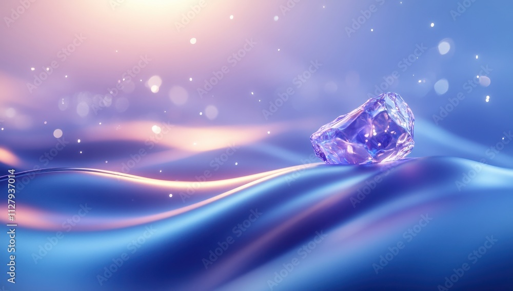 Poster shimmering amethyst gemstone on soft fabric surface illuminated by delicate light with sparkling bok