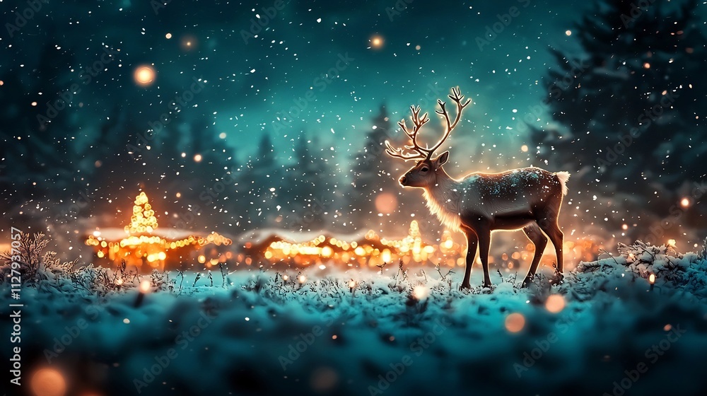Poster a snowy landscape with a lone reindeer standing in a field with a distant christmas market glowing w