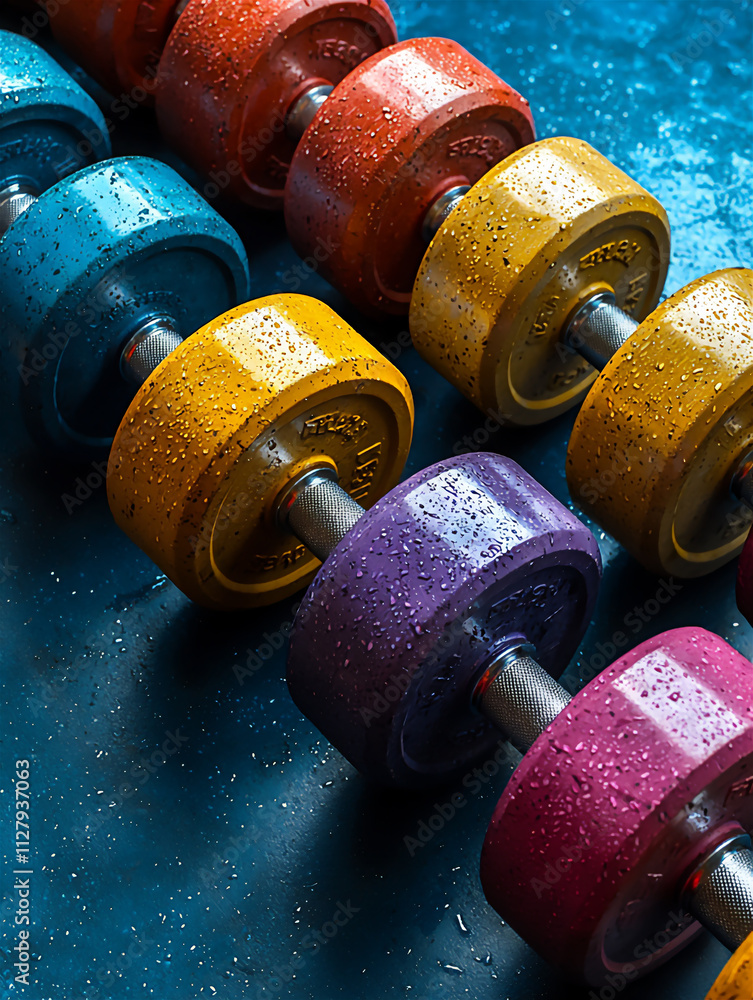 Poster a vibrant image of a set of colorful weights