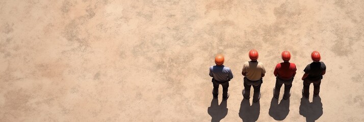 A group of four workers in safety helmets stands together, observing a barren construction site, symbolizing teamwork, anticipation, and the hard work needed to transform the environment.