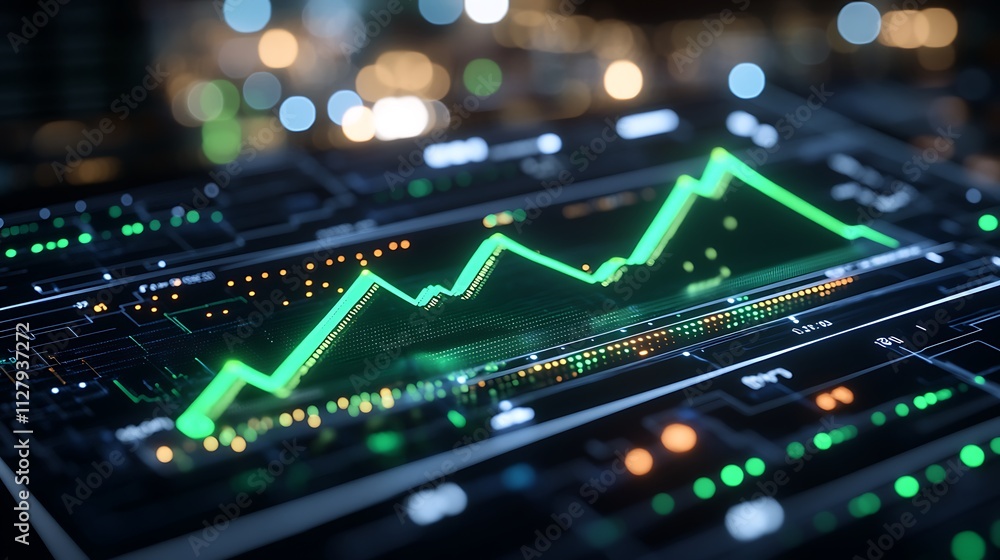 Poster financial data analysis with upward trends represented by glowing graphs and digital statistics