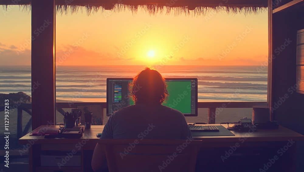 Poster person working on computer at sunset beach view.