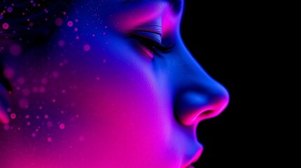 A dynamic profile of a human face dissolving into vibrant, fiery particles, symbolizing creativity, technology, and the evolution of human thought in the digital age