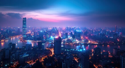 Obraz premium Stunning Aerial View of a Vibrant Urban Cityscape at Dusk with Illuminated Skyscrapers and Reflective Waterways Under a Dramatic Sky