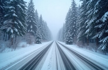 Fototapeta premium Snowy winter landscape shows highway through snow-covered forest. Falling snow creates serene winter scene. Trees covered in snow. Road clear but slightly covered in snow. Highway extends into