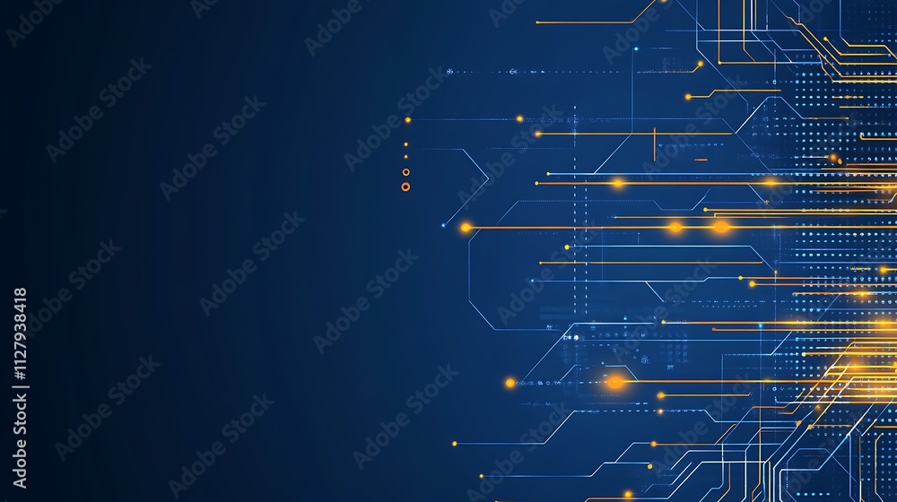 Poster abstract digital circuit design with glowing lines and nodes representing advanced technology