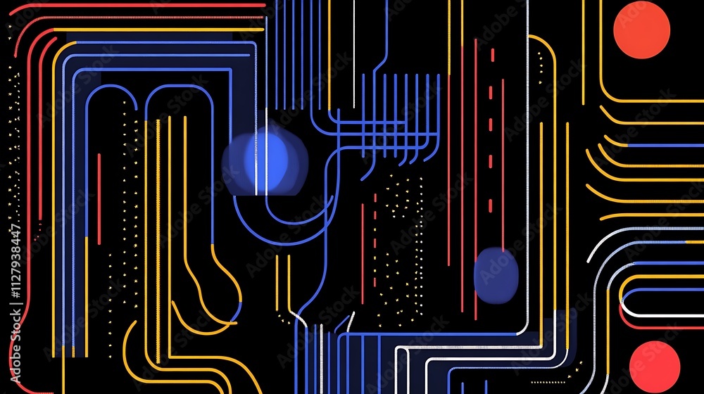 Poster abstract digital circuit design with glowing lines and nodes representing advanced technology