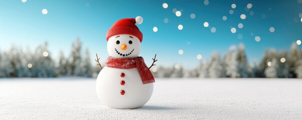 Fototapeta premium Charming snowman with red hat smiles in winter wonderland scene