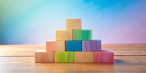 Pastel-colored wooden blocks arranged in a pyramid shape on a wooden surface against a soft, blurred background