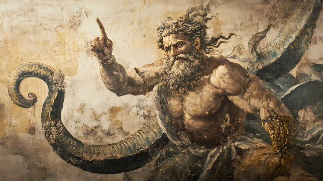 Ancient fresco of the roman divinity priapus in pompeii , roman, divinity, priapus, pompeii, ancient, fresco, artwork. Fresco. Illustration