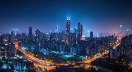 Naklejka premium Stunning Night Cityscape View of Modern Skyscrapers Illuminated by Bright Lights in a Vibrant Urban Environment with a Clear Sky