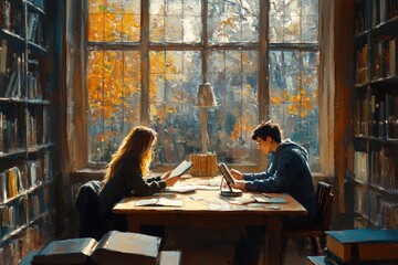 Focused diverse college students collaborating at wooden table in library watching webinar writing notes and working on essay